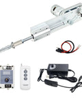Reciprocating Linear Actuator 24V with adjustable stroke, remote, speed controller, end connector kit, wires and accessories shown.