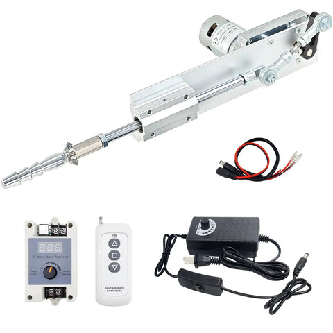 Reciprocating Linear Actuator 24V with adjustable stroke, remote, speed controller, end connector kit, wires and accessories shown.