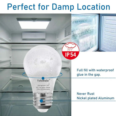 LED Refrigerator Light Bulb 60W Equivalent A15 in refrigerator, IP54 waterproof feature highlighted.