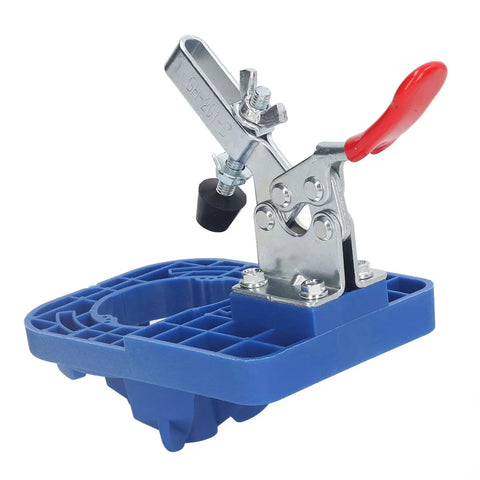 Precision Hinge Opening Locator 35mm Drill Guide For Woodworking Doors And Cabinets in blue with adjustable handle and base.