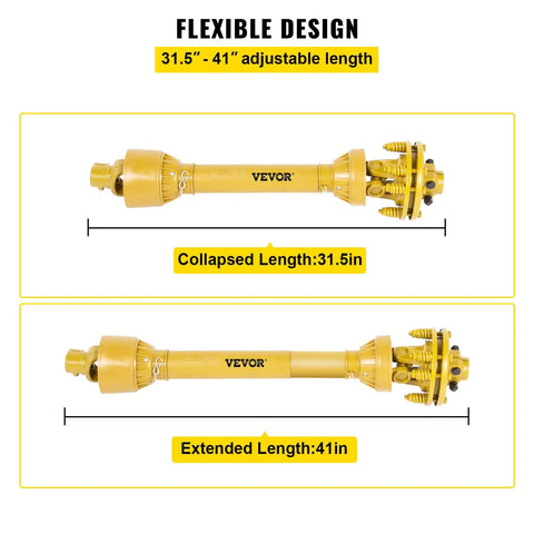 Badass Heavy Duty Series Four PTO Shaft 1-3/8 Inch Six Spline Both Ends flexible design showing 31.5" to 41" length adjustment.