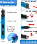 Blue aluminum-bodied USB rotary tool for 3D printing with Type-C charging and 3-speed LED indicators.