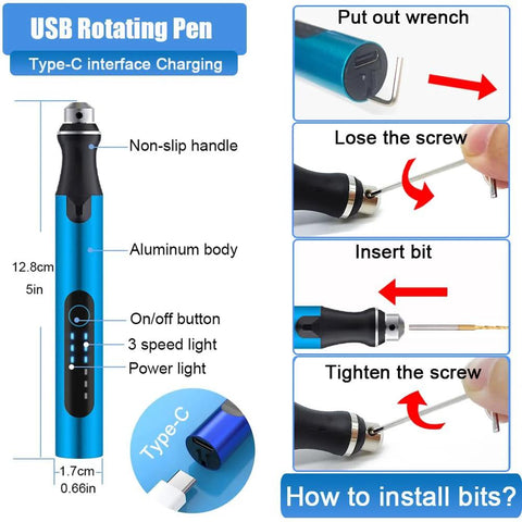 Blue aluminum-bodied USB rotary tool for 3D printing with Type-C charging and 3-speed LED indicators.