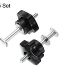 Hardcore 5 Piece T Track Bolt And Clamping Knob Set Featuring Rock Solid Stainless Steel Hardware With Fast Grip Star Knobs For No Sweat Assembly On Any Heavy Duty Woodworking Jigs And Workshop Fixtures Black Silver, showcasing black star knobs and stainless bolts.