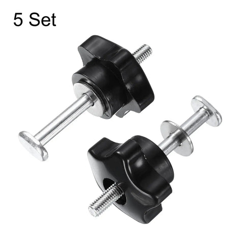 Hardcore 5 Piece T Track Bolt And Clamping Knob Set Featuring Rock Solid Stainless Steel Hardware With Fast Grip Star Knobs For No Sweat Assembly On Any Heavy Duty Woodworking Jigs And Workshop Fixtures Black Silver, showcasing black star knobs and stainless bolts.