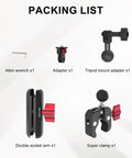 Dope Camera Mount Clamp With Dual Ball Heads For GoPro Pocket 3 Insta360 X3 X4 DSLR Monitors LED Lights pack list with parts.