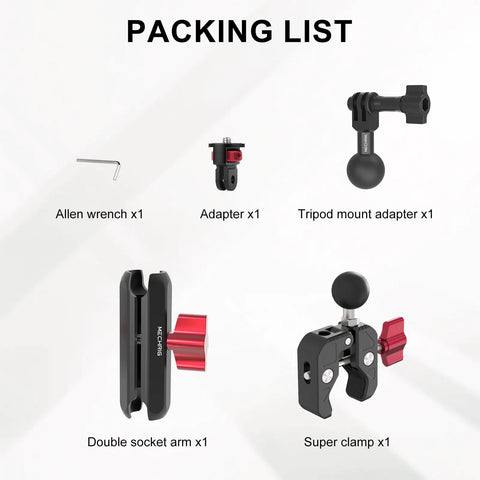 Dope Camera Mount Clamp With Dual Ball Heads For GoPro Pocket 3 Insta360 X3 X4 DSLR Monitors LED Lights pack list with parts.