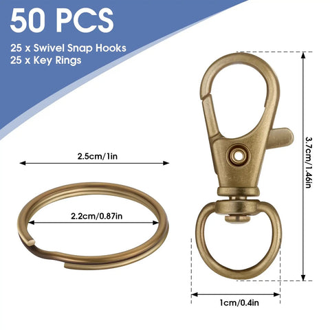 Heavy Duty Swivel Lobster Claw Keychain Clasps And 50 Piece One Inch Zinc Alloy Snap Hooks For Crafts Jewelry Making Dang Sturdy Bag Charms In Top Tier Bronze Finish with 25 snap hooks and key rings shown.