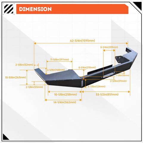 ECOTRIC DIY front bumper bare metal kit for 1984–2001 Jeep Cherokee XJ with winch mount plate; dimension diagram