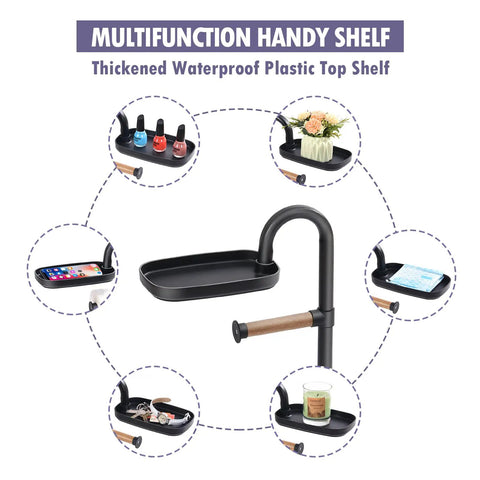 Freestanding Toilet Paper Holder With Acacia Wood Shelves And Black Steel Stand, showing waterproof plastic top shelf use cases.