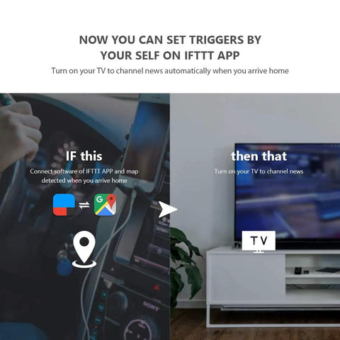 Diagram showing how IR and RF Universal Remote Hub With WiFi Code Learning works with IFTTT to control a TV.