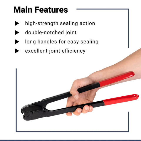 Front Action Double Notched Sealer Crimper For 3/8 Inch Steel Strapping, Long-Handle Manual Tool Built Tough For Vertical Or Horizontal Use, Heat Treated Steel Parts, Pro Grade Durability. Handheld black and red steel strap sealer with long handles.
