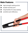 Double Notched Front Action Sealer Crimper For Half Inch Steel Strapping Manual Tool With 14 Inch Handle Heavy Duty Pro Grade Sealer For Horizontal And Vertical Use Heat Treated Wear Parts, red handles