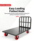Beefy Heavy Duty Platform Cart And Dolly With Hand Truck Style 771 Lbs Load Capacity 39.3 In Long By 23.6 In Wide By 33.4 In High Reinforced Steel Frame And 6-Inch PU Brake Casters For Easy Warehouse Moving. Flatbed mode with removable guardrail panels and red casters