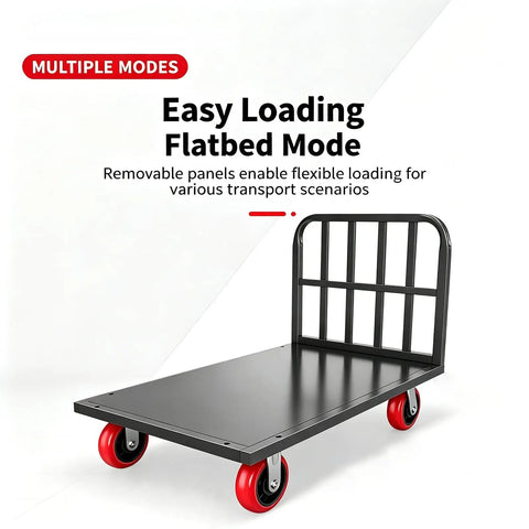 Beefy Heavy Duty Platform Cart And Dolly With Hand Truck Style 771 Lbs Load Capacity 39.3 In Long By 23.6 In Wide By 33.4 In High Reinforced Steel Frame And 6-Inch PU Brake Casters For Easy Warehouse Moving. Flatbed mode with removable guardrail panels and red casters