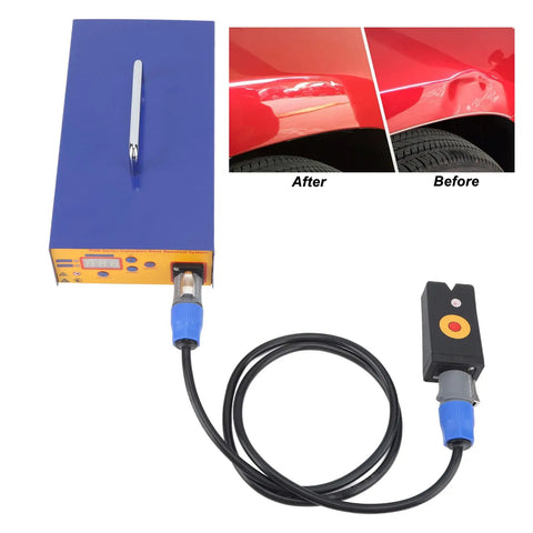 Auto Dent Repair Tool Set With 1000W Induction Heater showing before and after dent removal on red car