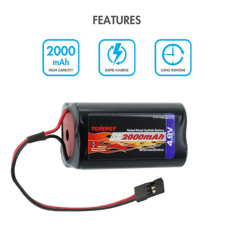 Beefy 4.8V 2000mAh NiMH RC Receiver Battery Pack with Hitec and Futaba connectors, featuring high capacity and rapid charge