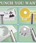Heavy Duty 1/4 Inch Hole Punch With 2 Inch Deep Throat for ID cards, PVC tags, and cardboard, showing punched holes in different materials