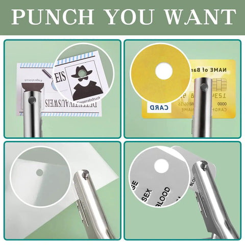 Heavy Duty 1/4 Inch Hole Punch With 2 Inch Deep Throat for ID cards, PVC tags, and cardboard, showing punched holes in different materials