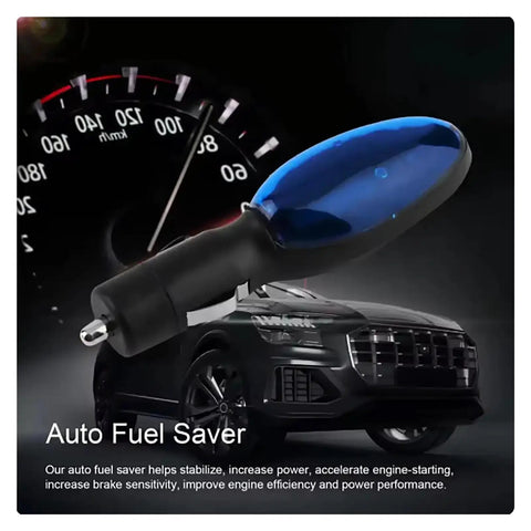 Gas Saver Plug In For Cars Trucks And Diesel Vehicles That Lets You Go Further And Save More Fuel Instantly With No Tool Setup In The Cigarette Lighter, Boosts Engine Power And Throttle Response With Every Ride plugin device over car and speedometer backdrop
