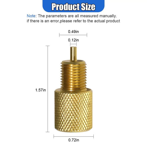 Rock Solid Brake Proportioning Valve Bleeder Tool Gold Finish showing dimensions: 1.57 x 0.72 inches, aluminum material.