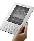 Sleek White Second Gen Ereader Features A Sharp Six Inch Screen And Free 3G Wireless To Pull Down Books Anywhere, held in hand.