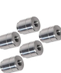 Five Piece Set Of Shop Grade Aluminum Weld On Bungs With 1/4-20 Threaded Inserts For Custom Fabbing Auto Mounts Radiator Tanks And Bracket Hardware Built Damn Tough In America, showing aluminum construction and threaded design.