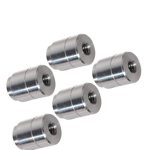 Five Piece Set Of Shop Grade Aluminum Weld On Bungs With 1/4-20 Threaded Inserts For Custom Fabbing Auto Mounts Radiator Tanks And Bracket Hardware Built Damn Tough In America, showing aluminum construction and threaded design.