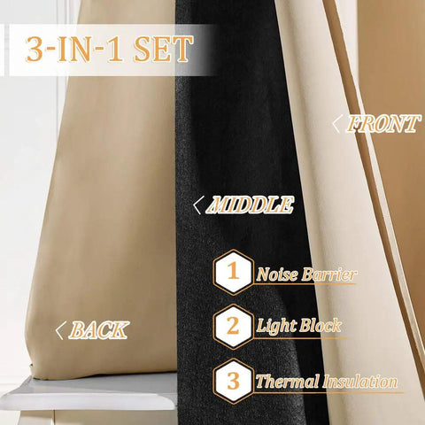 Seriously Insane 3 Layer Soundproof Curtains 84 Inch Blackout Drapes featuring black middle layer and beige front and back.