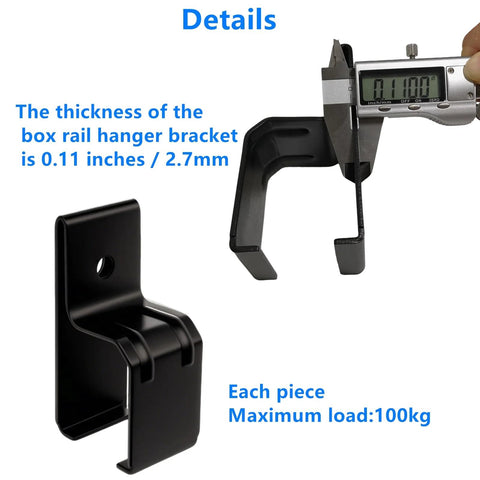 Heavy Duty Box Rail Hanger Bracket For Exterior Barn Door Hardware Rail Mount Bracket With Included Bolts Black 4 Pack Durable Rust Resistant Alloy Steel Construction For Outdoor Use, close-up of black bracket and measurement tool, 2.7mm thick, 100kg load capacity