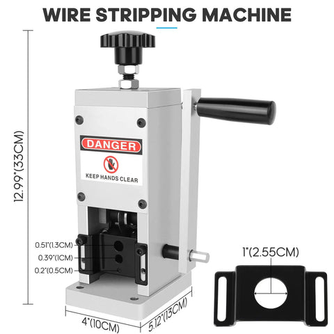 Heavy Duty Wire Stripping Machine for Scrap Copper Wiring, 1.5 to 25 mm Cable Range, front view with dimensions