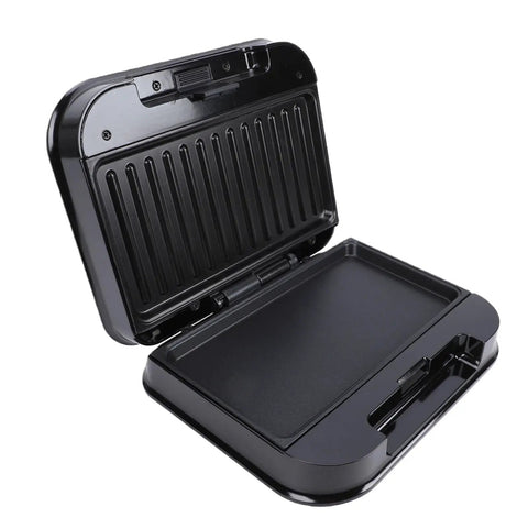 Top Rack Electric Panini Press Maker 750 Watt Indoor Grill open view showing non-stick aluminum plate and steel build.