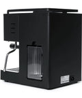 Premium Compact Home Espresso Maker Paired With Precision Burr Grinder Featuring Pid Temperature Lock For Hella Rich Extraction And Ready To Rock Convenience in black color from an angled view.