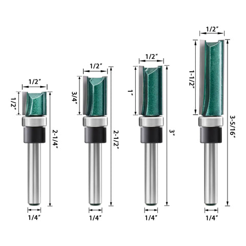Pattern Flush Trim Router Bits Set One Quarter Inch Shank with Bottom Bearing, green 4-piece, various cutting heights visible