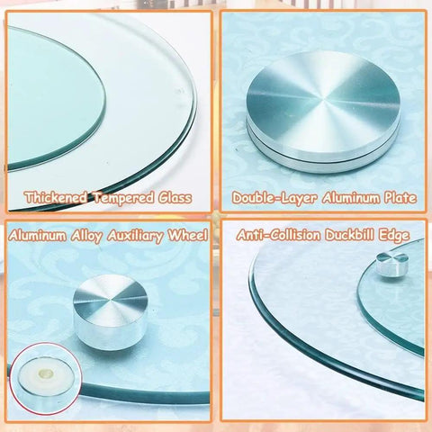 Close-up of Heavy Duty Turntable Lazy Susan Tempered Glass Serving Tray details: glass surface, aluminum components.