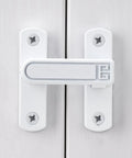 White Barn Door Latches With Adjustable 0 To 7 Millimeters Height For Flawless Gap Alignment And A Rock Steady 90 To 180 Degree Swivel Lock For Sliding Doors That Install Like A Breeze on a wooden door.