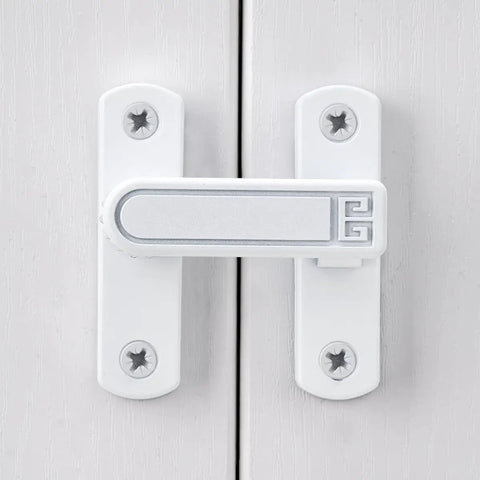 White Barn Door Latches With Adjustable 0 To 7 Millimeters Height For Flawless Gap Alignment And A Rock Steady 90 To 180 Degree Swivel Lock For Sliding Doors That Install Like A Breeze on a wooden door.