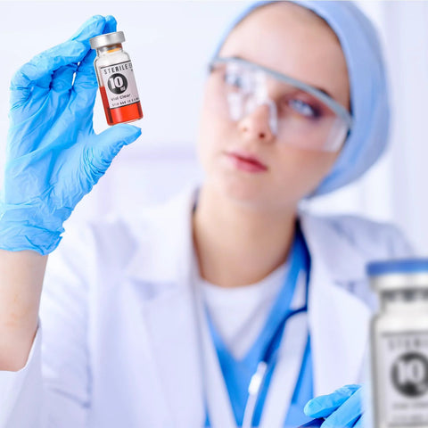 Sealed sterile 10 ml vial with red liquid held by gloved hand.