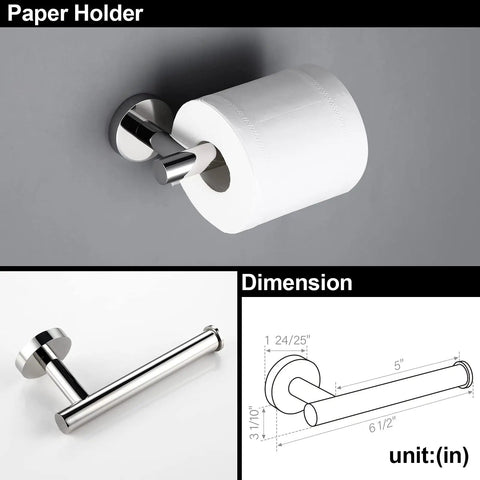 Four Piece Bathroom Hardware Set With Towel Bar Hand Towel Holder Toilet Paper Holder And Robe Hook In Polished Chrome Wall Mounted 17.7 Inch Heavy Duty Stainless Steel Rust Resistant Easy Install showing toilet paper holder installed on wall