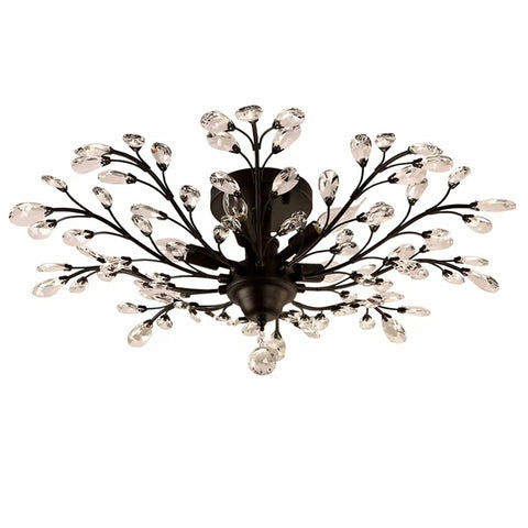 Vintage Crystal Branch Chandelier Flush Mount Ceiling Light In Black Finish With Five Lights 200W Total 31.5 Inch Diameter Crystal Branches