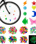 Plastic Bike Spoke Beads Set With 7 Styles In Assorted Colors, About 280 Pcs, displayed on bicycle wheel and separately