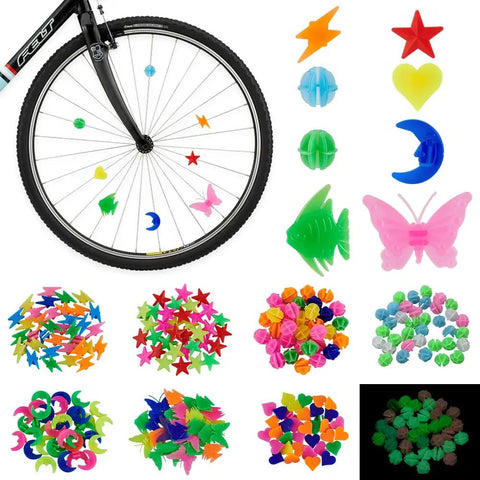 Plastic Bike Spoke Beads Set With 7 Styles In Assorted Colors, About 280 Pcs, displayed on bicycle wheel and separately