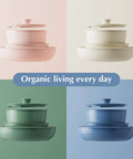 Stacked ceramic cookware in pink, white, green, and blue, featuring Ceramic Nonstick Pots And Pans Set With Detachable Handles.