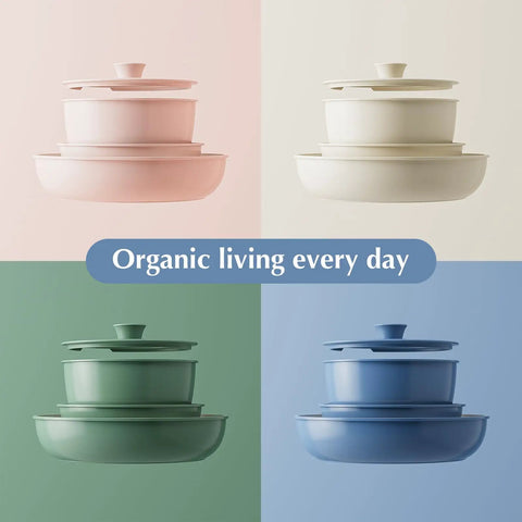 Stacked ceramic cookware in pink, white, green, and blue, featuring Ceramic Nonstick Pots And Pans Set With Detachable Handles.