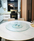 Dining table with 20 Inch Lazy Susan Turntable With Tempered Glass Transparent Rotating Serving Tray For Dining Table And Kitchen Perfect For Parties Family Dinners And Entertaining Size 100 Cm And 40 In