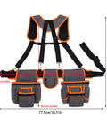 Heavy Duty Tool Belt With Double Layer Padded Suspenders Adjustable Straps Triple Stitched Oxford Fabric Hammer Pouch Organizer Rugged As Nails Equipment, shown from the front with detailed measurements.