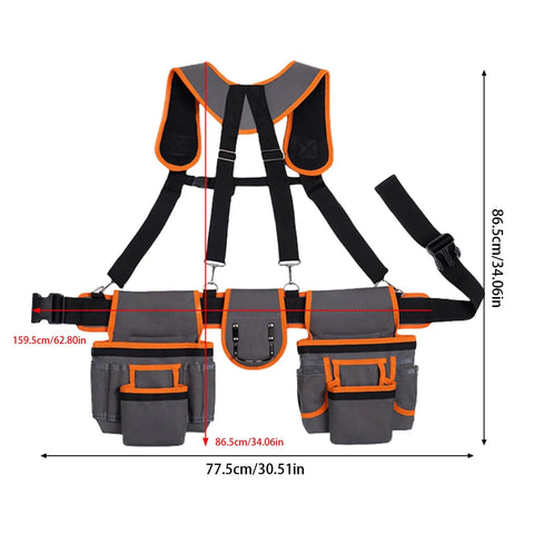 Heavy Duty Tool Belt With Double Layer Padded Suspenders Adjustable Straps Triple Stitched Oxford Fabric Hammer Pouch Organizer Rugged As Nails Equipment, shown from the front with detailed measurements.