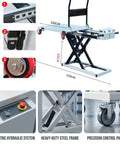 Slick Foldable Hydraulic Lift Cart And Portable Flatbed Truck Effortlessly Haul Heavy Loads Without The Sweat showing electric hydraulic system and heavy-duty steel frame.