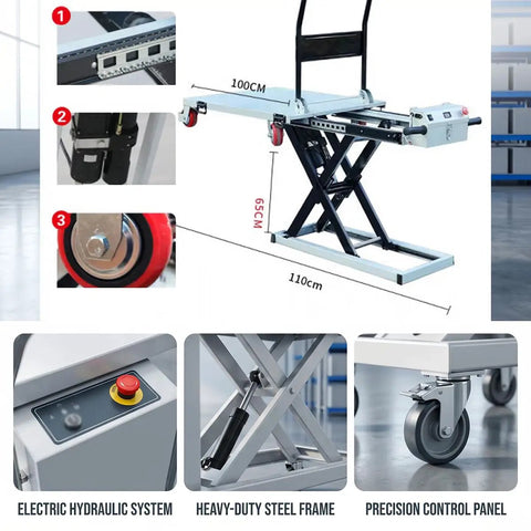 Slick Foldable Hydraulic Lift Cart And Portable Flatbed Truck Effortlessly Haul Heavy Loads Without The Sweat showing electric hydraulic system and heavy-duty steel frame.