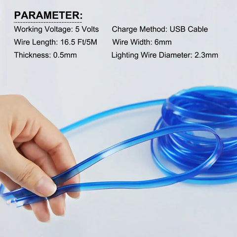 Close-up of Interior Car LED Strip Lights 16.5Ft USB Neon EL Wire With 6mm Sewing Edge Blue Ambient Lighting Kit.